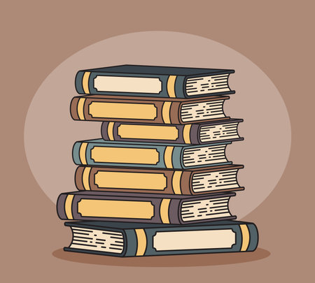 Illustrated stack of six vintage style books with colorful spines and blank labels, perfect for themes of education, knowledge, reading, or library design projects.のイラスト素材
