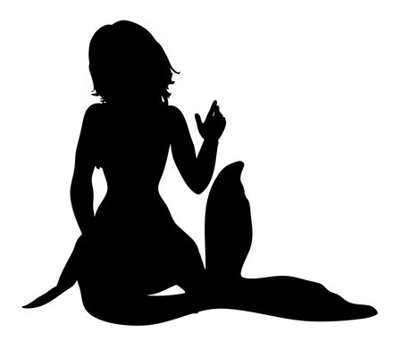 Black silhouette illustration of a mermaid with flowing hair, long tail, and elegant pose. This fantasy aquatic figure captures the mystical charm of mythical ocean creatures in a simple design.のイラスト素材
