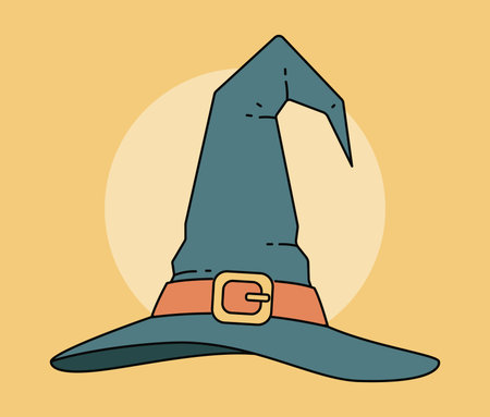 Stylized cartoon witch hat in teal with a wide brim, an orange band, and a gold buckle. A classic Halloween symbol perfect for festive designs, costumes, or spooky graphic projects.のイラスト素材