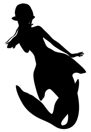 Black silhouette illustration of a mermaid with flowing hair, long tail, and elegant pose. This fantasy aquatic figure captures the mystical charm of mythical ocean creatures in a simple design.のイラスト素材