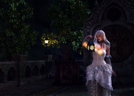 3D Illustration of ghostly woman bride with pale skin and white hair, wearing a lace gown, head separated from her body. Ideal for gothic, horror, or fantasy themed art and design projects.の写真素材