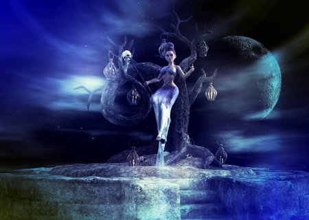3D rendered fantasy woman in a shimmering silver gown stands on a stone platform under a gnarled tree, with a large moon and lanterns in a mystical blue night sky.の写真素材