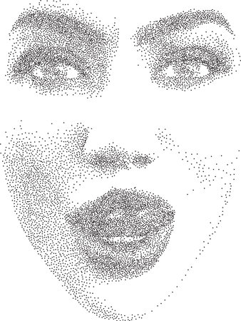 Abstract detailed stipple, dotwork, illustration of a womans face, using only black dots to render...