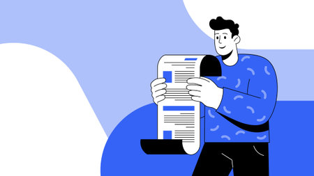 Cartoon man in a blue patterned sweater holds a document, bill, tax check, looking happy, smiling...