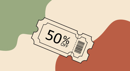 A flat design coupon showing sale text and barcode, placed over soft abstract green and terracotta...