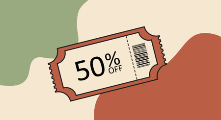 A flat design coupon showing sale text and barcode, placed over soft abstract green and terracotta...