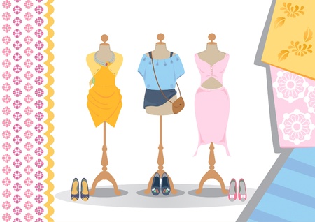 Many clothes on mannequins wiith high heel shoes and court shoes.のイラスト素材