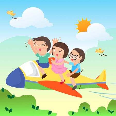 Childon the plane Floating in the sky with birds and the sun with bright sky background のイラスト素材