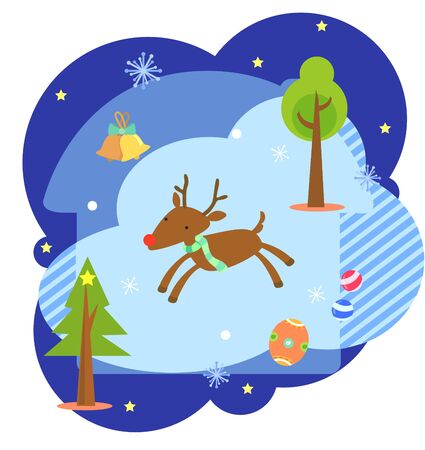 Deer, bell, christmas tree, snow and hourse.のイラスト素材