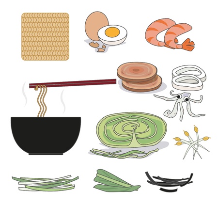 Instant noodles and ingredients such as seaweed, shrimp, vegetables, eggs のイラスト素材