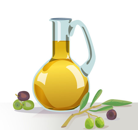 Jug of olive oil for cooking, the leaves and the olives のイラスト素材