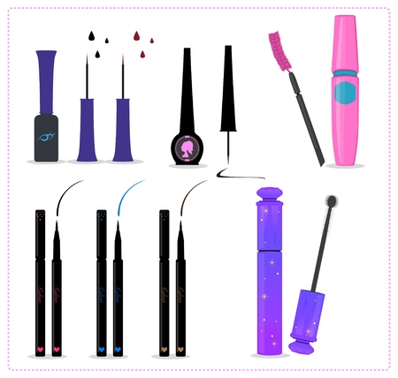 Eyeliner and mascara sticks pieces of bottles, many colors.のイラスト素材