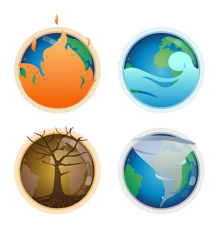 Four of symbol disasters on earth such as global warming, floods, and other.のイラスト素材