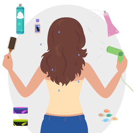 Woman standing with his back to blow dry hair with a spray bottle and hair mousse.のイラスト素材