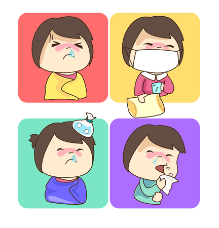 Four of character cartoon have a cold, fever and sneezing.のイラスト素材