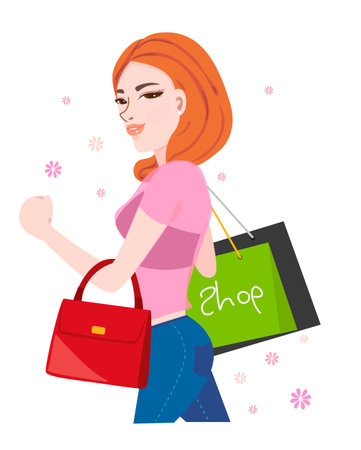woman holding shopping bags and red leather bag, are Shopping.のイラスト素材
