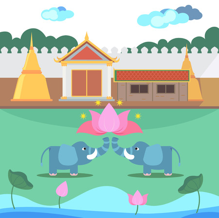 Thai tample and churches, pagodas and wall have elephants standing beside lotus pond.のイラスト素材