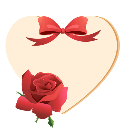 Red roses and heart-shaped greeting card decorated with a ribbon.のイラスト素材