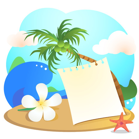 Notepad laying on the beach with a backdrop of the sea , waves, sky and coconut trees.のイラスト素材