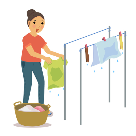 Woman drying the clothes on clothesline.のイラスト素材