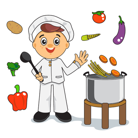 Chef are cooking have a pot for cooking and vegetables.のイラスト素材