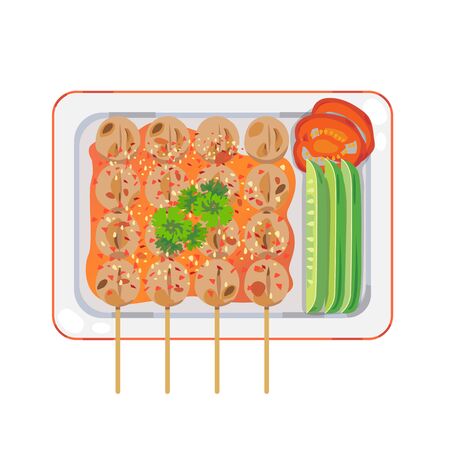 Grilled thai meatball on dish with dipping sauce.のイラスト素材