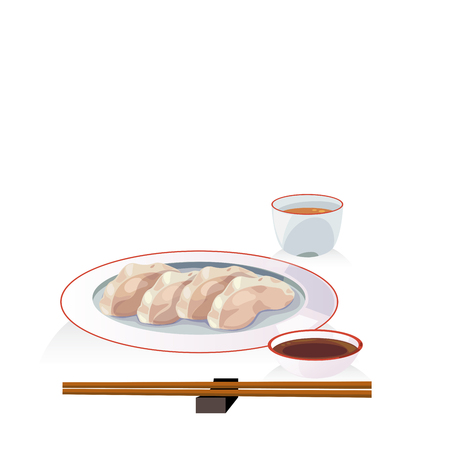 Traditional dish, steam chinese dumpling with dipping sauce and hot tea.のイラスト素材