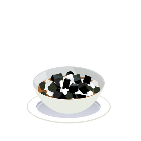Vector of a bowl of grass jelly in syrup with ice.のイラスト素材