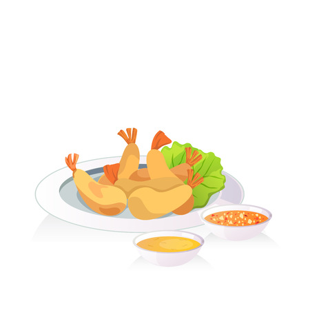 A dish of fried shrimp and dripping sauce(spicy and plum sauce).のイラスト素材