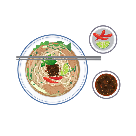 Vietnames food, rice noodle soup with sliced beef ' Pho '.のイラスト素材