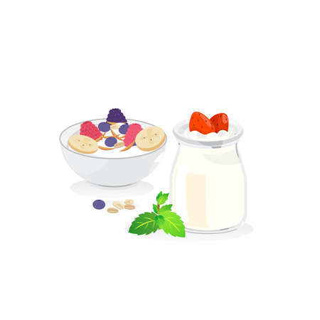 Yogurt with fruits and almond slide in a bowl and fresh yogurt in a bottle.のイラスト素材