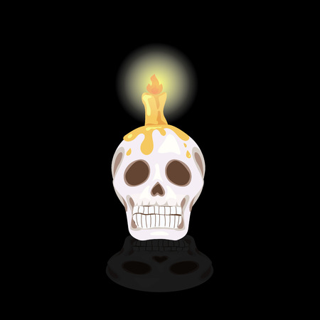 Human skull with a burning candle on black background.のイラスト素材