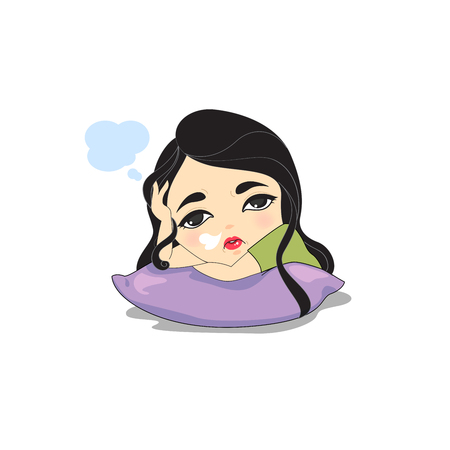 Woman hugging pillows, making bored faces.のイラスト素材