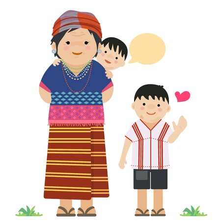 Karen family - mother and kids wearing traditional cloth.のイラスト素材
