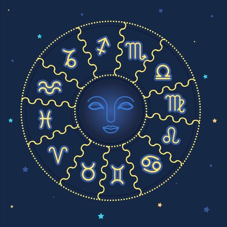 Astrology circle design, zodiac on blue background.のイラスト素材