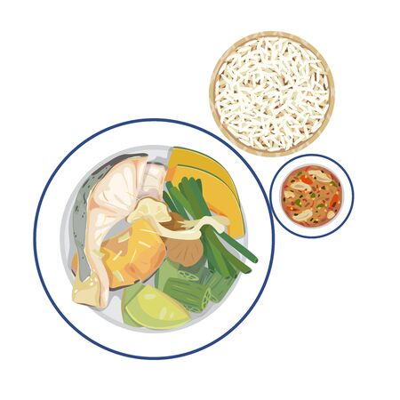 Thailand northeast food-sticky rice, steamed fish and vegetables with spicy paste.のイラスト素材