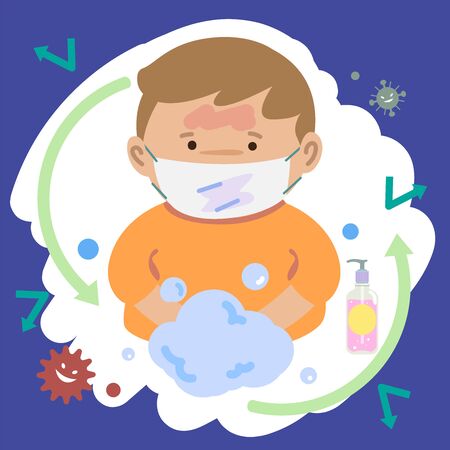 Boy cleaning his hand with soapl protect bacteria.のイラスト素材