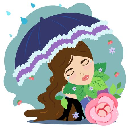 Cute lady crying hold umbrella in her hand have rainfall.のイラスト素材