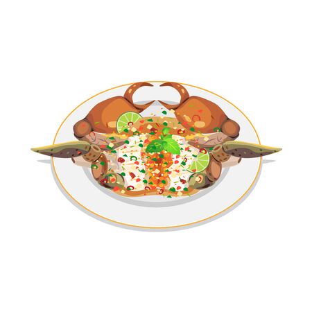 Fresh crab topped with spicy salad, seafood sauce.のイラスト素材