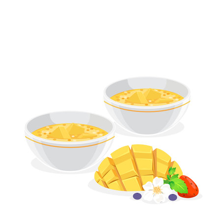Hong Kong sweet dessert - bowls of mango sago and fresh mango.のイラスト素材
