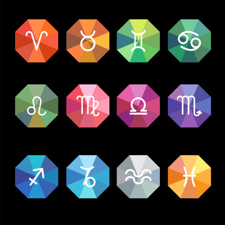 Colorful zodiac sign - icon set on black background.のイラスト素材