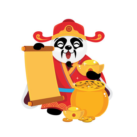 Cute panda in traditional costume chinese lucky god holding gold scoll, has pot and gold coin - lucky, wealth.のイラスト素材