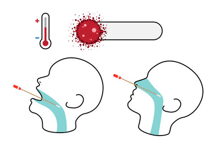 Human face with Covid-19 test examined by using a stick wrap with cotton, nose swab for coronavirus.のイラスト素材