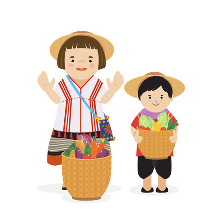 Karen child in northern of thailand in traditional costume and basket with vegetables.のイラスト素材