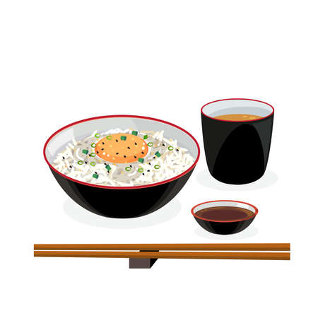 Japanese food - bowl of steamed rice with raw eggs and hot tea.のイラスト素材