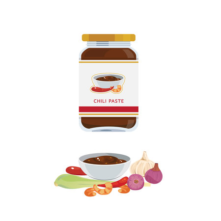 Thai chili paste in a bottle and bowl and ingredient.
