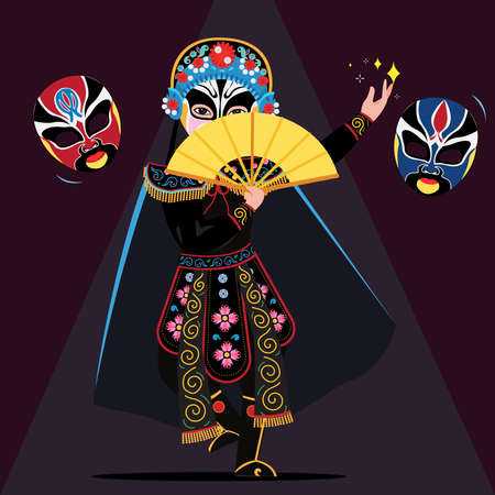 Chinese art face changing mask, chinese opera show in traditional costume.のイラスト素材