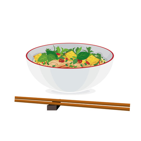 Vietnam food Cao lau pork rice noodle and raw vegetables.
