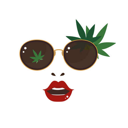 Lady face wear sun glasses with cannabis or hemp leafのイラスト素材