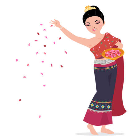 Northern of Thai woman dance in traditional costume holding a gold pedestal with flower petal.のイラスト素材